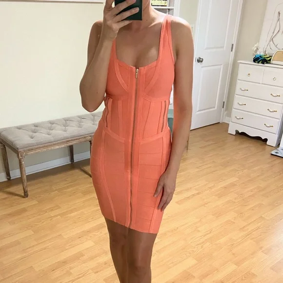 salmon bodycon dress Kalent Zaiz Salmon Long Sleeve Bodycon Dress  KALENT ZAIZ